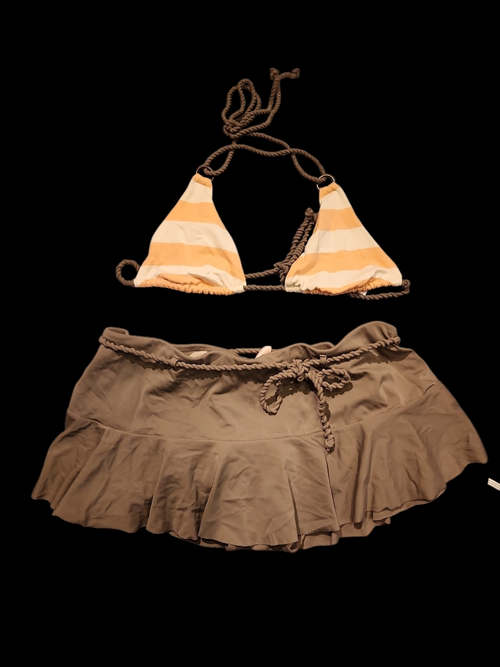 Striped Pink&White Triangle Bikini Top/ Olive Green Swim Skirt Set